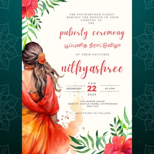 Puberty Ceremony Invitation | Half-Saree Ceremony Invitation | Instant Download Editable Digital Template | E-vite and Printable Invitation