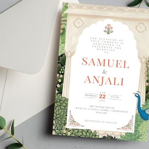 Convite de casamento indiano elegante | Modelo Canva para download instantâneo | Convite de casamento Mughal | Modelo eletrônico e para impressão