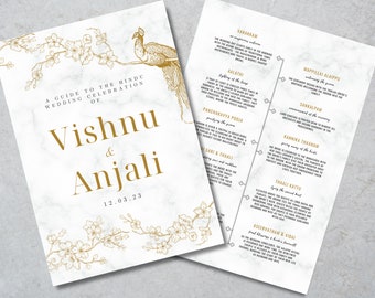May include: A guide to a Hindu wedding celebration with a white marble background and gold floral accents. The names Vishnu & Anjali are written in gold script with the date 12.03.23. The right side of the image lists the different ceremonies and traditions of the wedding.