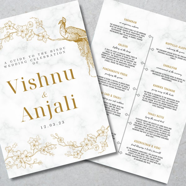 Gold Floral Peacock Luxury Tamil Wedding Program | Tamil Hindu Wedding Guide | Instant Download Template | Minimalistic | Kalyanam Steps