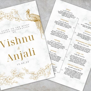 Gold Floral Peacock Luxury Hindu Wedding Program | Hindu Wedding Guide | Instant Download Template | Minimalistic | Hindu Wedding Steps
