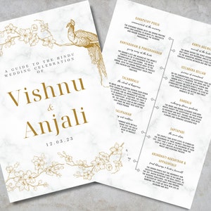 Könnte beinhalten: Ein Leitfaden für eine hinduistische Hochzeitsfeier für Vishnu & Anjali am 12. März 2023. Der Leitfaden listet die verschiedenen Zeremonien und Traditionen auf, die während der Hochzeit stattfinden werden.