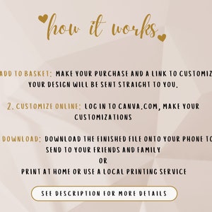 May include: A white background with gold text explaining how to customize a printable design. The text reads "how it works."  The steps are: 1. Add to basket, 2. Customize online, and 3. Download.  The text also says "See description for more details."