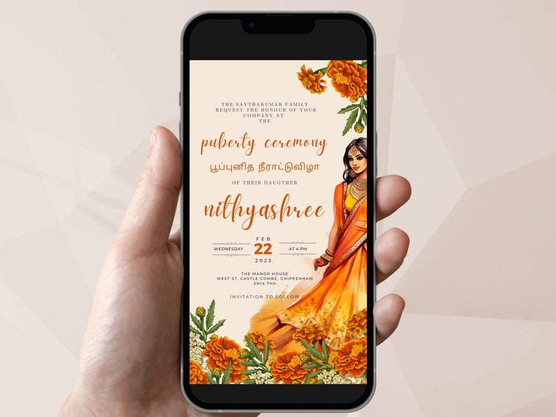 May include: A digital invitation for a puberty ceremony, featuring a woman in a traditional orange and yellow sari, surrounded by marigold flowers. The text reads "puberty ceremony" and "nithyashree". The date is Wednesday, February 22, 2023.