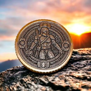 Legendary Bounty - Brass Coin or Pendant with Mandalorian and Scrollwork Patterns (Double-Sided)