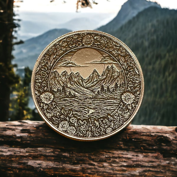 Sunset Serenity - Brass Coin with Mountain and Tree Landscape (Double-Sided)