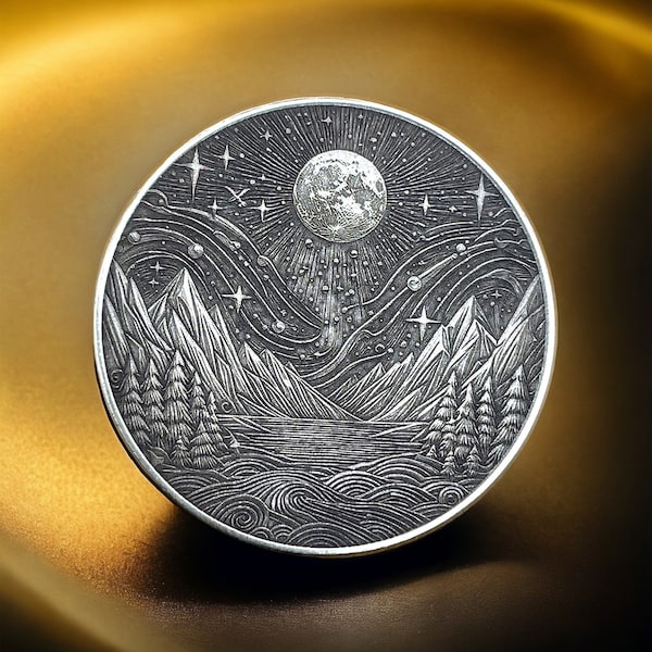 Majestic Moonrise - Brass Coin with Mountain Landscape and Moon (Double-Sided)