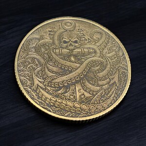 Kraken's Wrath: Double-sided 40mm Brass Coin With Engraved Sea Monster ...