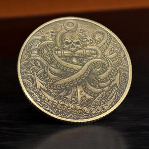 Kraken's Wrath: Double-sided 40mm Brass Coin With Engraved Sea Monster ...