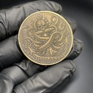 Kraken's Wrath: Double-sided 40mm Brass Coin With Engraved Sea Monster ...