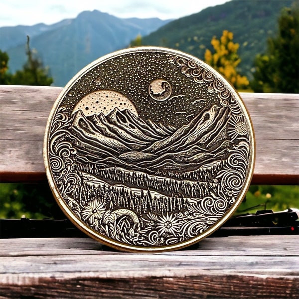 Celestial Peaks - Brass Coin with Mountain Landscape and Dual Moons (Double-Sided)