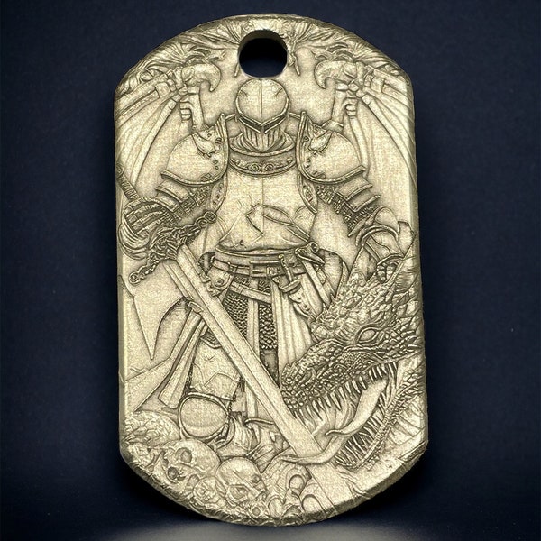 Dragon Slayer's Valor - Knight with Dragon Head Brass Dog Tag Necklace/Keychain Engraving