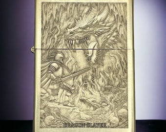 Dragon Slayer: Brass Zippo with Intricate Dragon and Knight Engravings