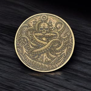 Kraken's Wrath: Double-sided 40mm Brass Coin With Engraved Sea Monster ...