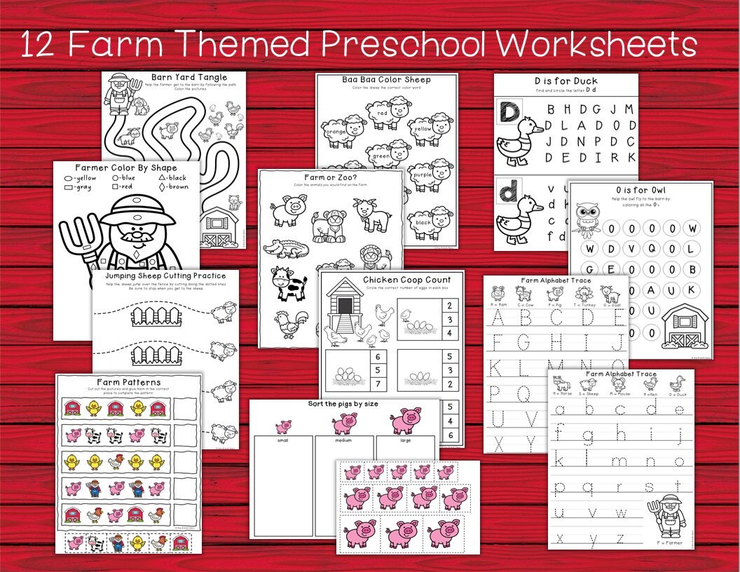 Preschool Farm Themed Worksheets Digital Download