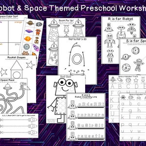 May include: A set of 12 black and white printable preschool worksheets featuring space and robot themes. The worksheets include activities such as color sorting, dot-to-dot, alphabet tracing, and shape recognition.