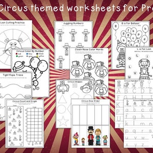 Puede incluir: Un conjunto de 12 hojas de trabajo imprimibles en blanco y negro para niños de preescolar con temática de circo. Las hojas de trabajo incluyen actividades como práctica de corte, colorear por número, trazado, conteo, creación de gráficos y práctica del alfabeto.