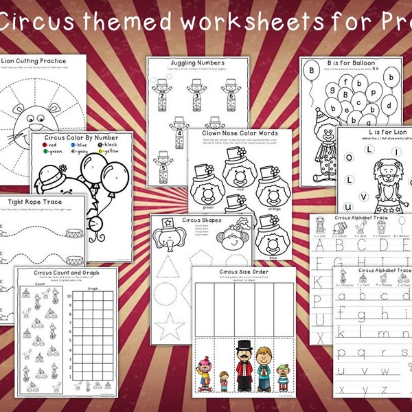 Preschool Circus themed worksheets Digital download