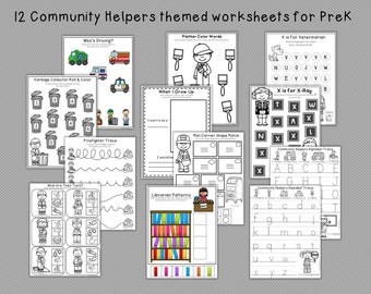 Preschool Community Helpers themed worksheets Digital download