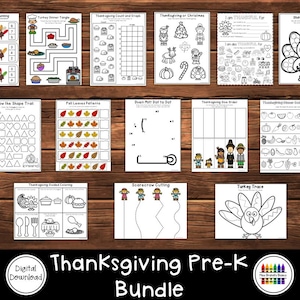 Könnte beinhalten: Ein digital herunterladbares Paket mit Thanksgiving-basierten druckbaren Arbeitsblättern für Vorschulkinder. Die Arbeitsblätter beinhalten Aktivitäten wie Zählen, Nachzeichnen, Punkt-zu-Punkt und Formerkennung. Das Paket enthält eine Vielzahl von Thanksgiving-Motiven, wie z. B. Truthähne, Kürbisse und Blätter.