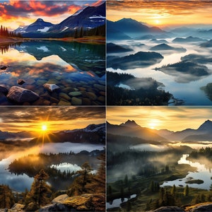 May include: Four scenic images of a mountain lake at sunrise. The lake is surrounded by mountains and trees, and the sun is rising over the mountains. The first image shows the lake reflecting the sunrise in the water. The second image shows the lake with fog rolling in over the mountains. The third image shows the lake with the sun shining through the trees. The fourth image shows the lake with the sun setting over the mountains.