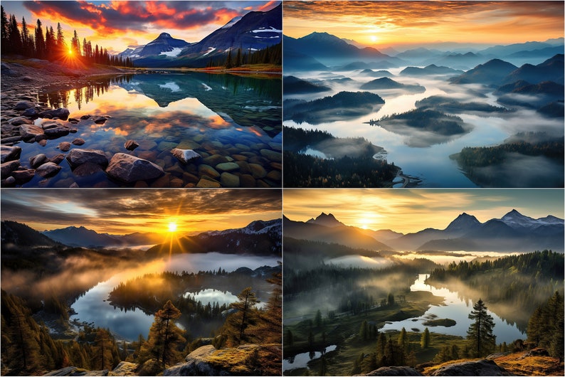 May include: Four scenic images of a mountain lake at sunrise. The lake is surrounded by mountains and trees, and the sun is rising over the mountains. The first image shows the lake reflecting the sunrise in the water. The second image shows the lake with fog rolling in over the mountains. The third image shows the lake with the sun shining through the trees. The fourth image shows the lake with the sun setting over the mountains.