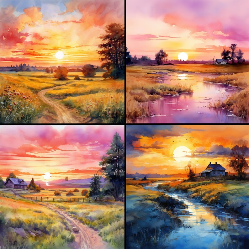 Pu&ograve; includere: Una collezione di quattro dipinti ad acquerello raffiguranti sereni paesaggi al tramonto. Ogni scena presenta un cielo vibrante con sfumature di arancione, rosa e viola, un sole al tramonto e un paesaggio rurale con campi, alberi e specchi d'acqua.