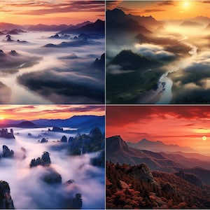 May include: A collage of four images depicting scenic mountain landscapes at sunrise. The images feature a variety of mountain ranges, with some showing a river winding through the valleys. The sky is a vibrant orange and pink, with clouds casting shadows over the mountains.