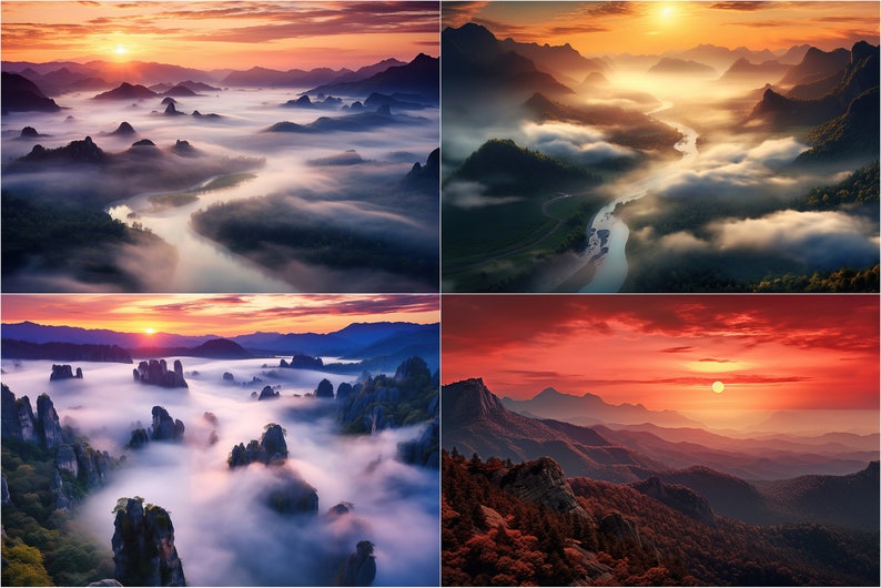 May include: A collage of four images depicting scenic mountain landscapes at sunrise. The images feature a variety of mountain ranges, with some showing a river winding through the valleys. The sky is a vibrant orange and pink, with clouds casting shadows over the mountains.