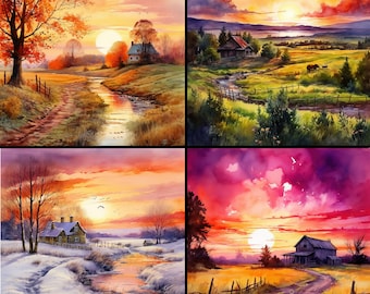 Watercolor 24 Landscape Countryside Sunset Scenery Four Seasons Countryside Print Art Digital Art JPG 400 dpi instant Download