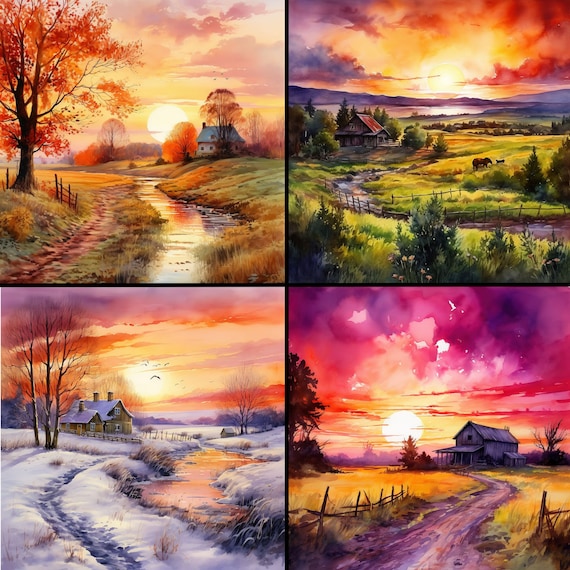 Watercolor 24 Landscape Countryside Sunset Scenery Four Seasons Countryside Print Art Digital Art JPG 400 dpi instant Download