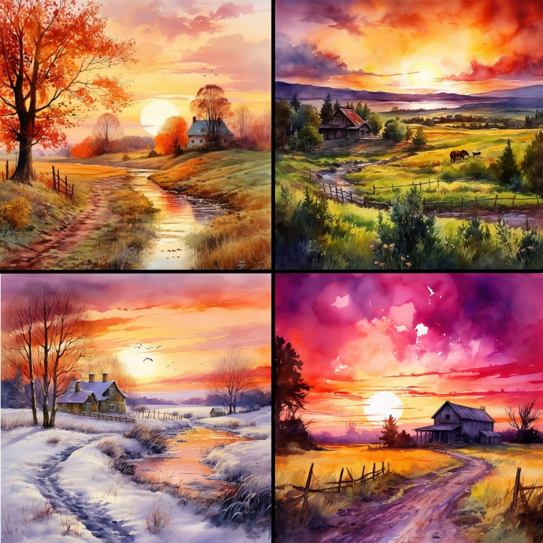 Pu&ograve; includere: Una collezione di quattro dipinti di paesaggi ad acquerello che raffigurano serene scene rurali al tramonto. Ogni dipinto presenta un cielo vibrante con colori caldi, una casa, un corso d'acqua e un sentiero o una strada. Le stagioni variano, tra cui autunno e inverno.