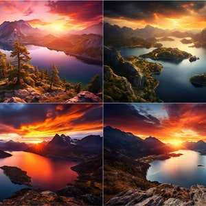 May include: A collage of four images showcasing a scenic mountain lake with a vibrant sunset sky. The lake is surrounded by lush green trees and rocky mountains. The sun is setting behind the mountains, casting a warm glow over the scene.