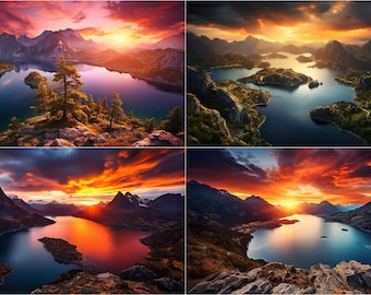 Paquete de 24 paisajes de montaña y atardecer, fotografía de naturaleza, arte de impresión de montaña, arte digital, JPG, 300 ppp, descarga instantánea