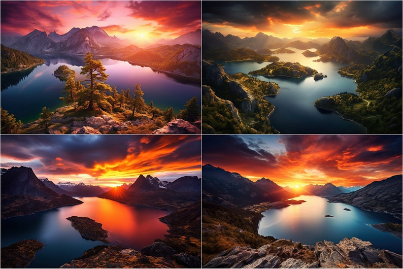 May include: A collage of four images showcasing a scenic mountain lake with a vibrant sunset sky. The lake is surrounded by lush green trees and rocky mountains. The sun is setting behind the mountains, casting a warm glow over the scene.