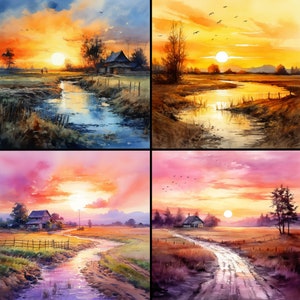 Pu&ograve; includere: Quattro dipinti ad acquerello di paesaggi rurali al tramonto. Ogni dipinto presenta un cielo vibrante con tonalit&agrave; arancioni, gialle e rosa. Un ruscello o una strada conduce a una casa o fattoria, con alberi e campi.