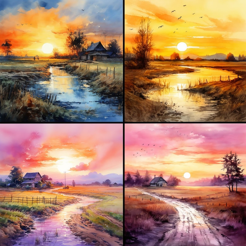 Pu&ograve; includere: Quattro dipinti ad acquerello di paesaggi rurali al tramonto. Ogni dipinto presenta un cielo vibrante con tonalit&agrave; arancioni, gialle e rosa. Un ruscello o una strada conduce a una casa o fattoria, con alberi e campi.