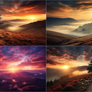 May include: Four images of a sunrise over a mountain range with fog in the valleys. The images feature a lone tree in the foreground of each image.
