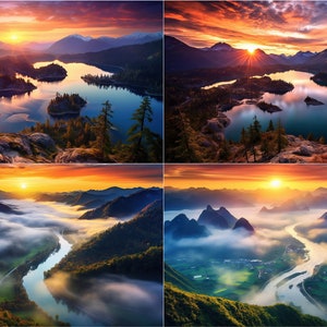 May include: Four scenic landscape photographs showcasing breathtaking sunrises over mountains and lakes. The top left image features a lake with a small island in the middle, surrounded by mountains and a vibrant orange and purple sky. The top right image shows a similar scene with a lake reflecting the sunrise, surrounded by mountains and a fiery orange sky. The bottom left image captures a river winding through a valley with fog and mountains in the background. The bottom right image depicts a river flowing through a valley with fog and mountains in the background, with a village visible in the distance.
