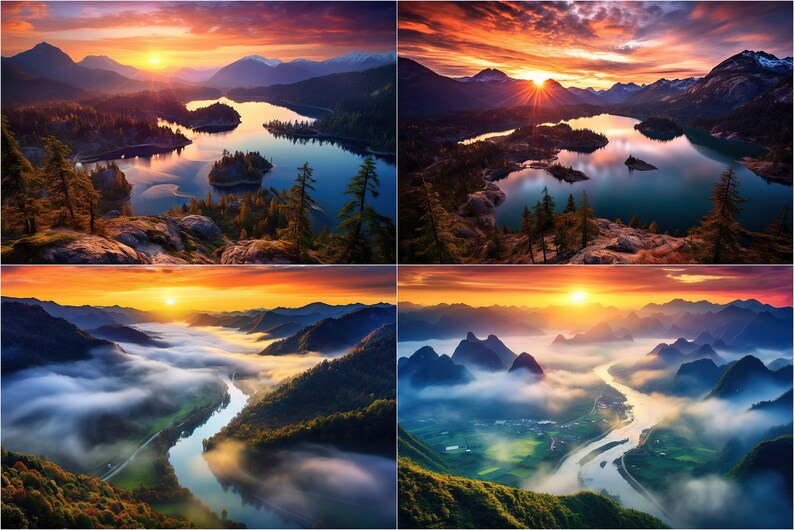 May include: Four scenic landscape photographs showcasing breathtaking sunrises over mountains and lakes. The top left image features a lake with a small island in the middle, surrounded by mountains and a vibrant orange and purple sky. The top right image shows a similar scene with a lake reflecting the sunrise, surrounded by mountains and a fiery orange sky. The bottom left image captures a river winding through a valley with fog and mountains in the background. The bottom right image depicts a river flowing through a valley with fog and mountains in the background, with a village visible in the distance.
