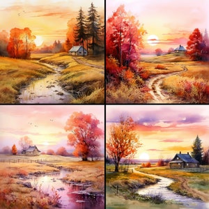 Pu&ograve; includere: Una collezione di quattro dipinti di paesaggi ad acquerello che raffigurano serene scene autunnali. Ognuno presenta un tramonto, un ruscello o un sentiero e una piccola casa. La tavolozza dei colori comprende tonalit&agrave; calde di arancione, giallo e rosso, con tocchi di verde e blu.