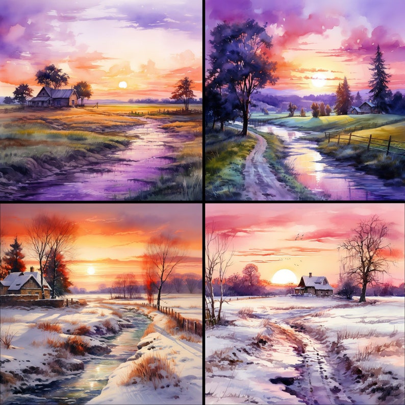 Pu&ograve; includere: Quattro dipinti ad acquerello di paesaggi sereni al tramonto. Ogni scena presenta una casa, alberi e un corso d'acqua o un sentiero, sotto un cielo dai toni arancioni, rosa e viola. Le stagioni variano, con alcune scene che mostrano neve.
