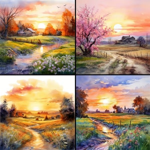 Pu&ograve; includere: Quattro dipinti di paesaggi ad acquerello. Ognuno raffigura un tramonto dai colori caldi, un corso d'acqua o sentiero, e edifici. Lo stile &egrave; morbido e impressionistico, con attenzione alla luce e al colore.