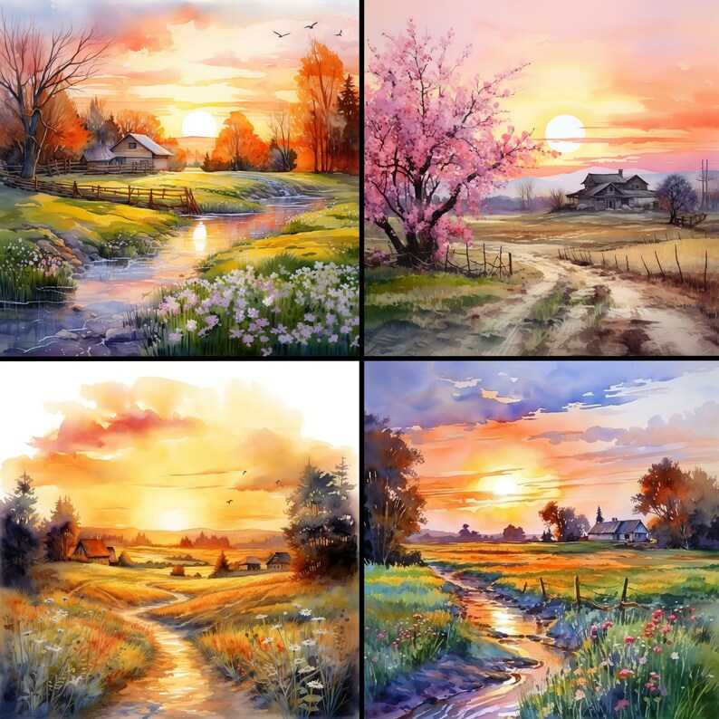 Pu&ograve; includere: Quattro dipinti di paesaggi ad acquerello. Ognuno raffigura un tramonto dai colori caldi, un corso d'acqua o sentiero, e edifici. Lo stile &egrave; morbido e impressionistico, con attenzione alla luce e al colore.