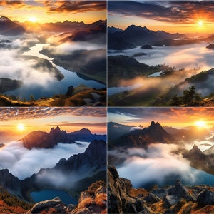 May include: A panoramic view of a mountain range with a lake and clouds at sunrise. The sun is shining brightly in the sky, casting a golden glow over the landscape. The mountains are covered in trees and vegetation, and the lake is a deep blue color. The clouds are white and fluffy, and they are moving slowly across the sky.