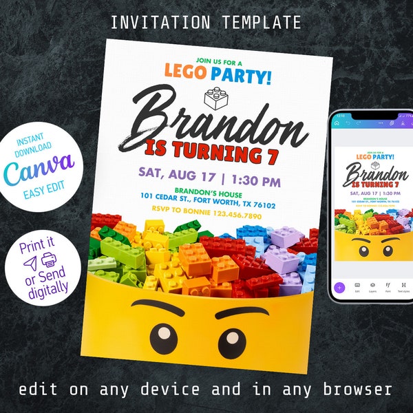 Building blocks birthday invitation, construction birthday invitation, printable editable party invite template