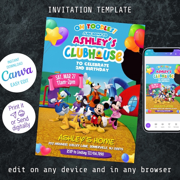 Printable Clubhouse Birthday Invitation, Mickey Invitation, Clubhouse Invitation, mouse party Invite, Editable invite