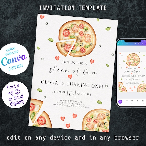 Pizza birthday invitation, pizza birthday invitation, italian printable editable party invite template, pizzeria invitation, first  birthday