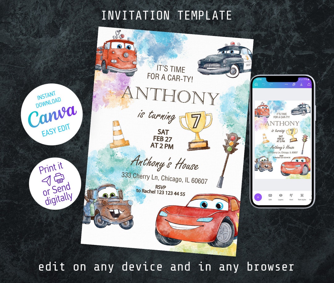 Printable Cars Invitation, Lightning Mcqueen Invite, Birthday Party ...