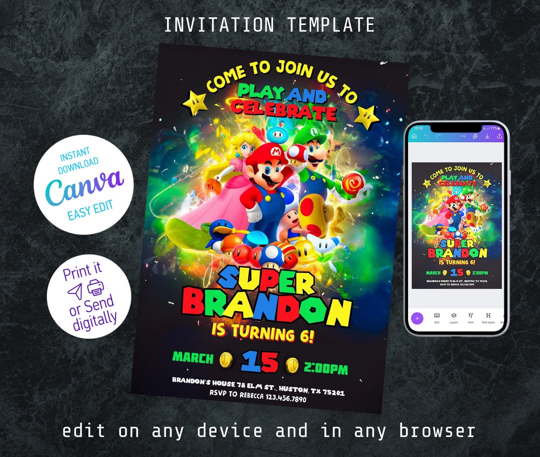 Mario Invitation, Printable Birthday Invite, Editable Invitation, Girl ...